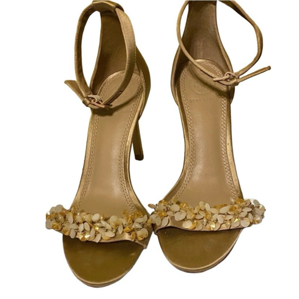 Tory Burch Logan Sandal Satin Crystal Embellished Gold 5.5